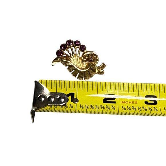 Vintage Gold Tone Brooch with Purple Rhinestones Floral Design - Picture 4 of 8